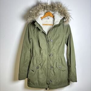 Hollister by Abercrombie&Fitch Cozy-Lined Parka Faux Fur Coat Jacket Olive Sz M